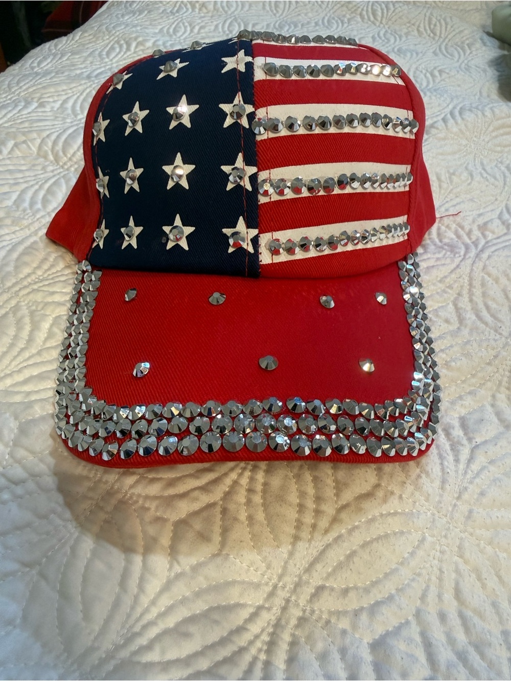 Bedazzled American Flag Studded Red Baseball Cap